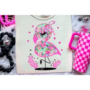 RTS FLAMINGO PINK BOW FLORAL DTF DIRECT TO FILM transfers size ADULT 9X12. 18-H