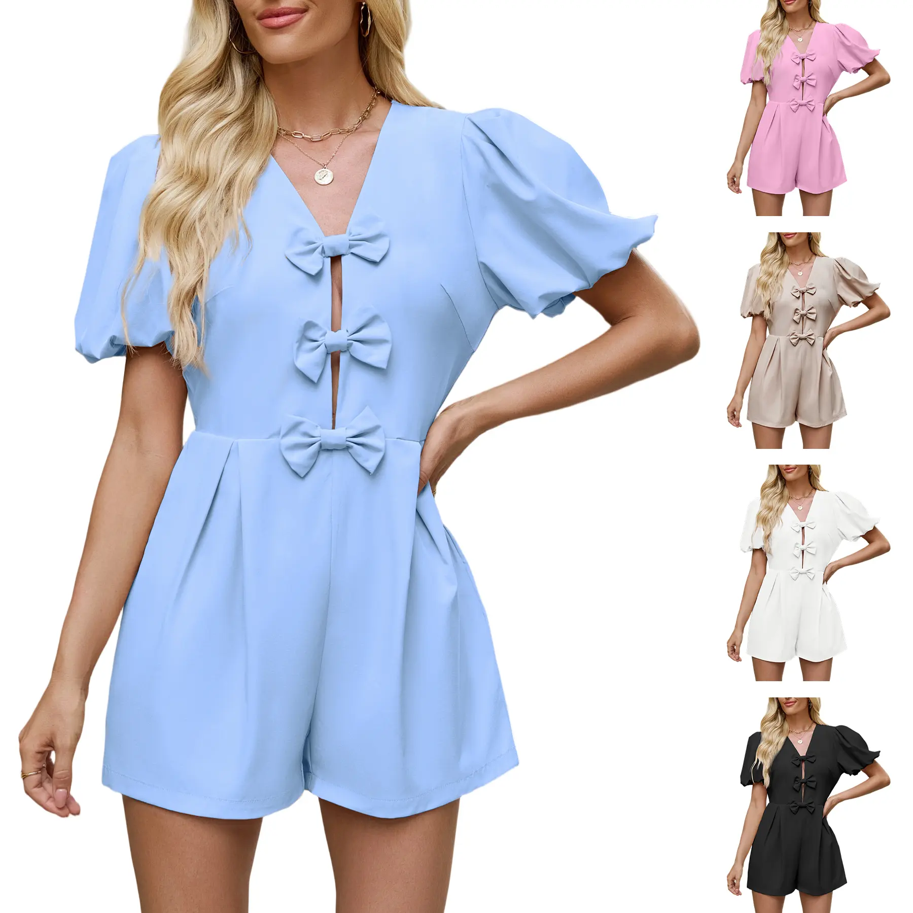 Skoinvb Womens Cute Rompers Bow Front Puff Sleeve V Neck Short Jumpsuits Sexy Summer Outfits with Pockets Fabric Womenswear