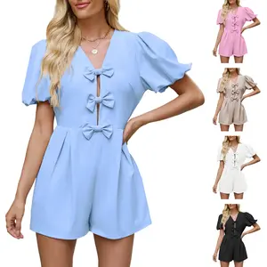 Aswulk Womens Cute Rompers Bow Front Puff Sleeve V Neck Short Jumpsuits Sexy Summer Outfits with Pockets Fabric Womenswear