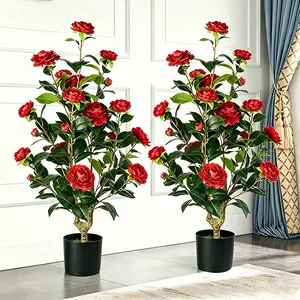 Two 3-foot artificial camellia trees, including 24 red flowers and flowerpots, 36-inch artificial camellia plants, anti-ultraviolet, decorate the living room, courtyard and office all year round.