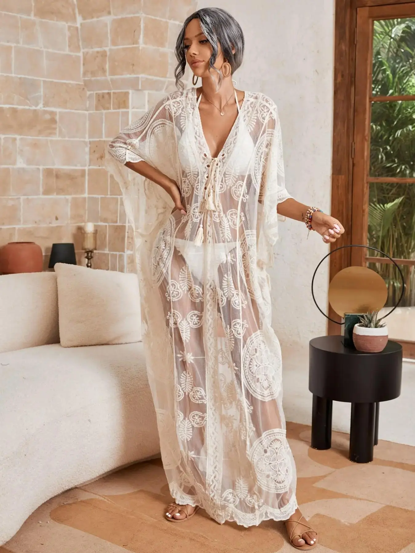 Boho Style Long Loose Women's Cover-Up, Swimsuit Cover Up, Swimsuits Ups, Hollow Knitted Lace Embroidery, Spring Summer Beach Vacation Casual, Festival Pool Party, Coverups tropical casual chic