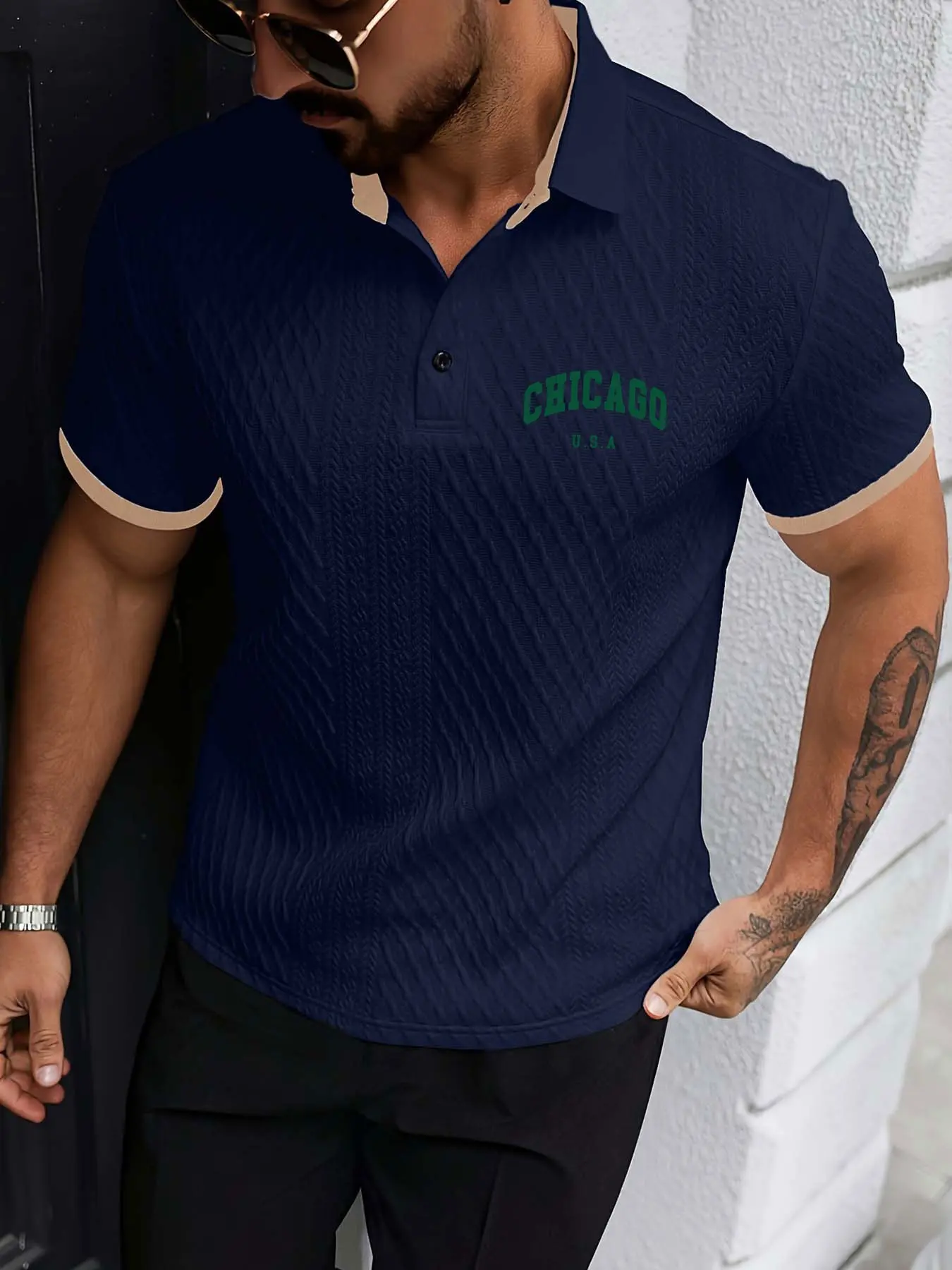 Men's Colorblock Collar Polo Shirt Textured Knit Short Sleeve, Chicago Elements Print, Casual Fashion, Daily Wear