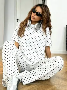 Trendy Polka Dot Set, European Summer New Round Neck Casual Plus Size Loose Short Sleeve Tee + Vintage Polka Dot Drawstring Pants Two Piece Set