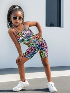 Trendy New York Rainbow Leopard Set, Y2K Crop Cami & Biker Shorts, Cool Street Fashion for Little Girls, All Seasons Casual Wear