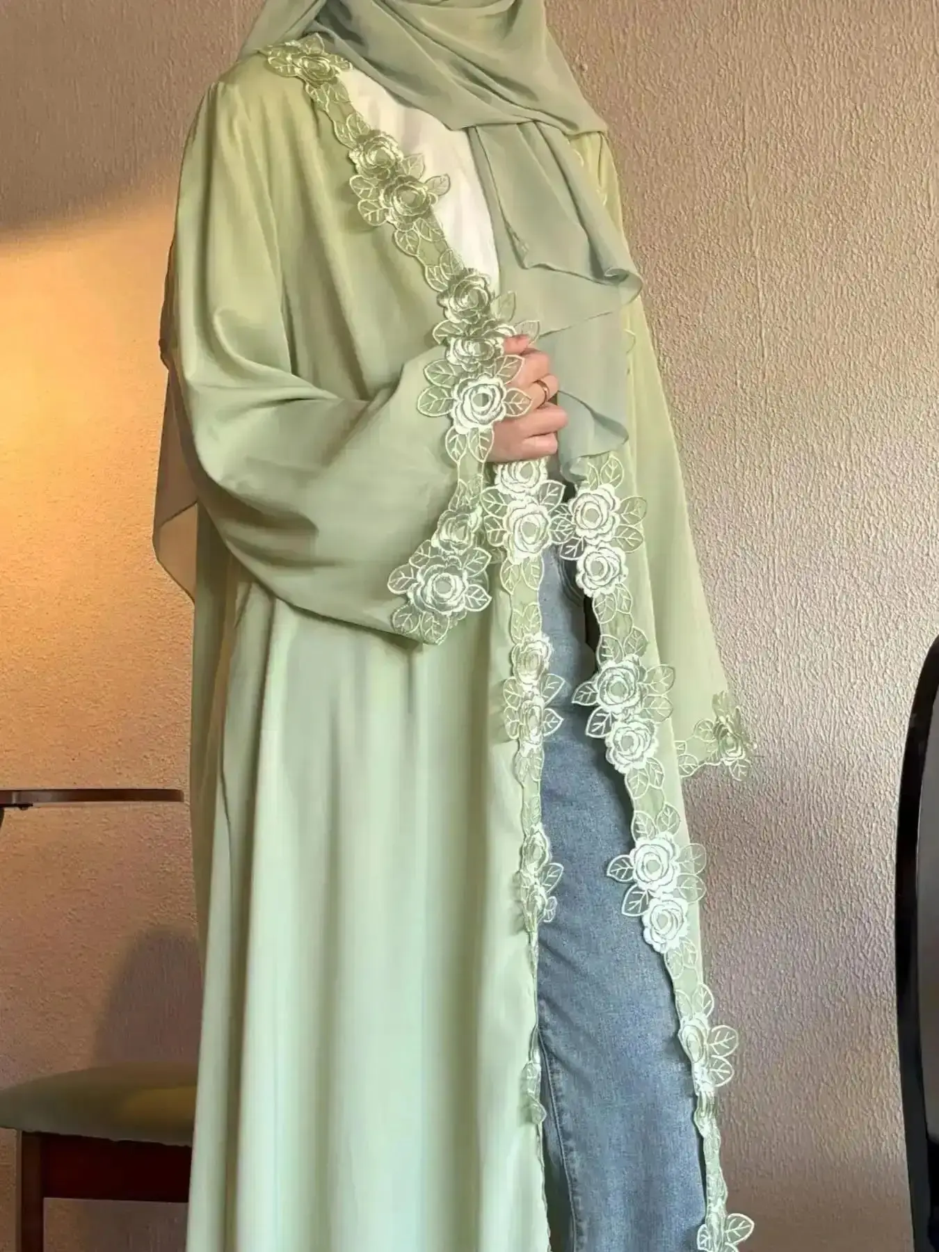 Classic Suit Set, Elegant Floral Abaya Set with Headscarf, Open Front Long Robe, for Parties, Vacations, Ramadan, and Festivals, Fashion Forward, Statement, Warm Layer, Viral Style, Fashionable, Daily Essential