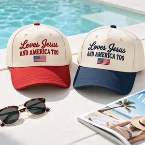 Embroidered Love Jesus and Merica too, Patriotic 4th of July Baseball Cap, Funny American Heritage Hat, USA Party Hat, Two Tone Cap, 250th anniversary