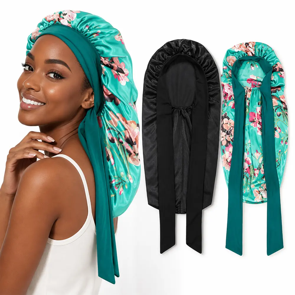 2 Packs Long Satin Bonnets with Tie Band, Large Braid Bonnet Silky Hair Cap for Locs Women Sleeping, Skincare, Makeup, Bathing, Doing Sports or Even Doing Housework