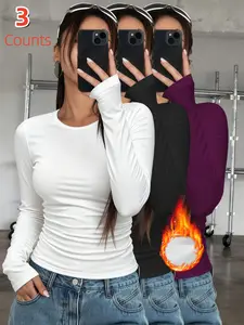 3-Pack Women's Thermal Underwear Tops, Solid Color Classic Casual Fitted Crew Neck Long-Sleeve Base Layers for Autumn & Winter - Ideal as Running, Hiking Activewear, Comfortable Base Layer Tees Suitable for Outdoor Activities