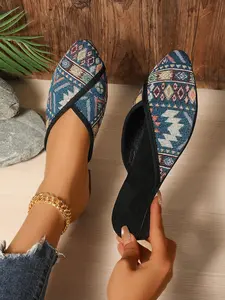 Women's Boho Style Ethnic Pattern Slip on Flat Sandals, Casual Comfortable Pointed Toe Slide Sandals for Daily Wear, Fashionable Shoes for Women & Girls, Summer