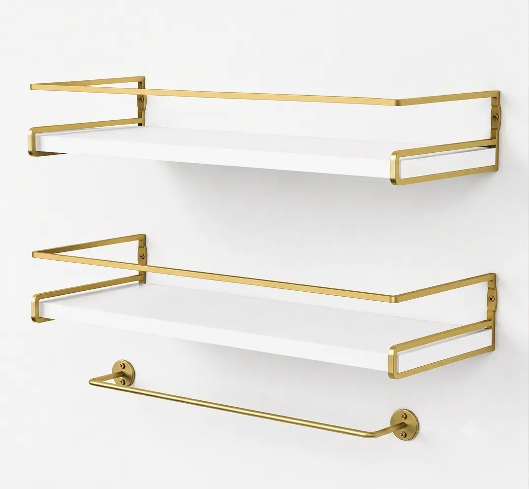 Set of 2, Floating Bathroom Shelves Wall Mounted, Aesthetic White and Gold Shelves Tower Bar for Wall Decor Storage Small Spaces