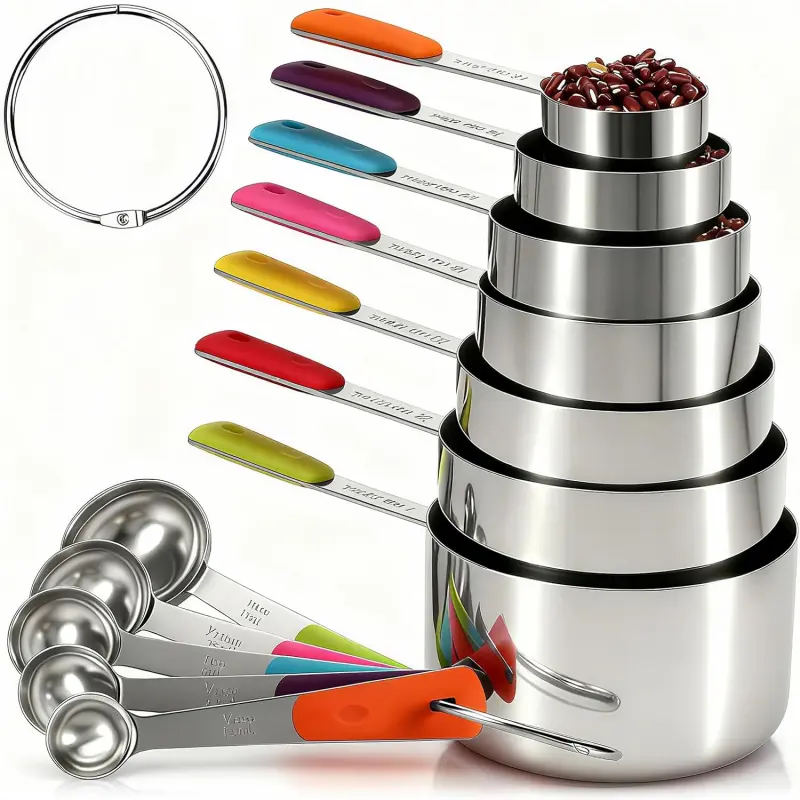 Measuring Cups and Spoons Set Stainless Steel 13 Piece for Cooking and Baking (8Cups + 5 Spoons, Colorful Handles)