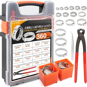360 count 16 Sizes Single Ear Hose Clamp Kit with Crimping Pliers, 5.3-36.1mm 304 Stainless Steel PEX Crimp Clamps Assortment,Leak-Proof No-Drip Ear Clamps for Plumbing,Automotive Radiator Hose, Line