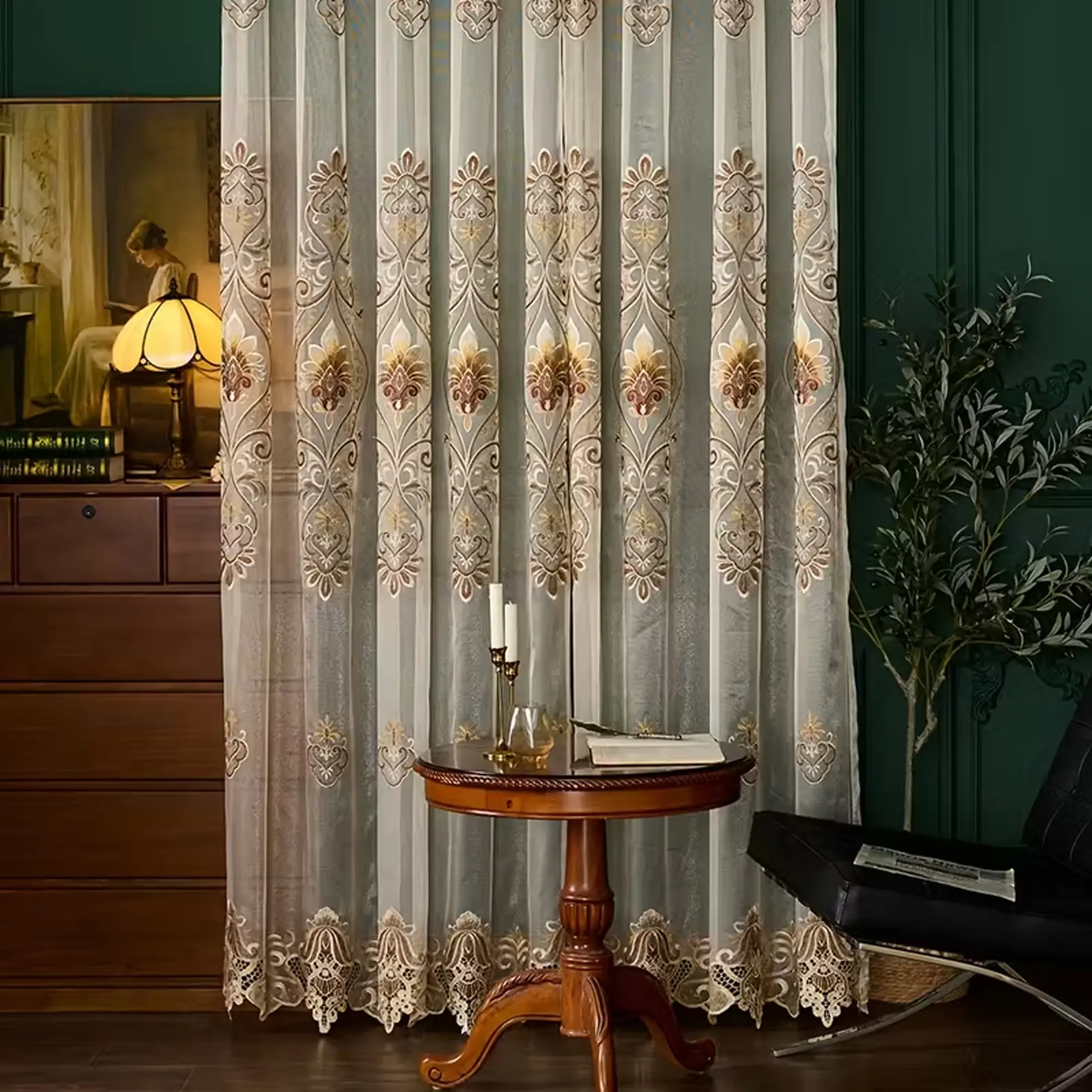 Luxurious Embroidered Sheer Curtain, Home Living Room Bedroom Decoration, Korean Style Drapes, Light-Transmitting Fabric, 68x90 Cm