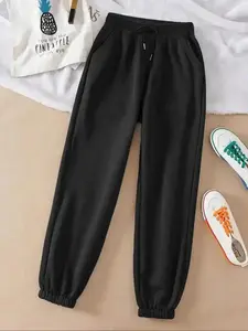 Women's Plain Drawstring Waist Sweatpants, Casual Pocket Jogger Pants for Fall & Winter Women's Trousers for Daily Wear Wide Sweatpants
