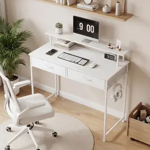 30/39 Inch Writing Desk with Drawers and Monitor Shelf, Small Study Desk with Storage Cabinet & Headphone Hook, Modern Home Office Desk for Bedroom Workspace