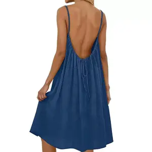 Women's Comfortable Cami Lounge Dress Solid Color Sleeveless Knee Length Loose Fit Sundress Elegant Flowy Backless Summer Dress Casual Everyday Wear Beach Cover Up Boho Vacation Outfit Plus Size Friendly