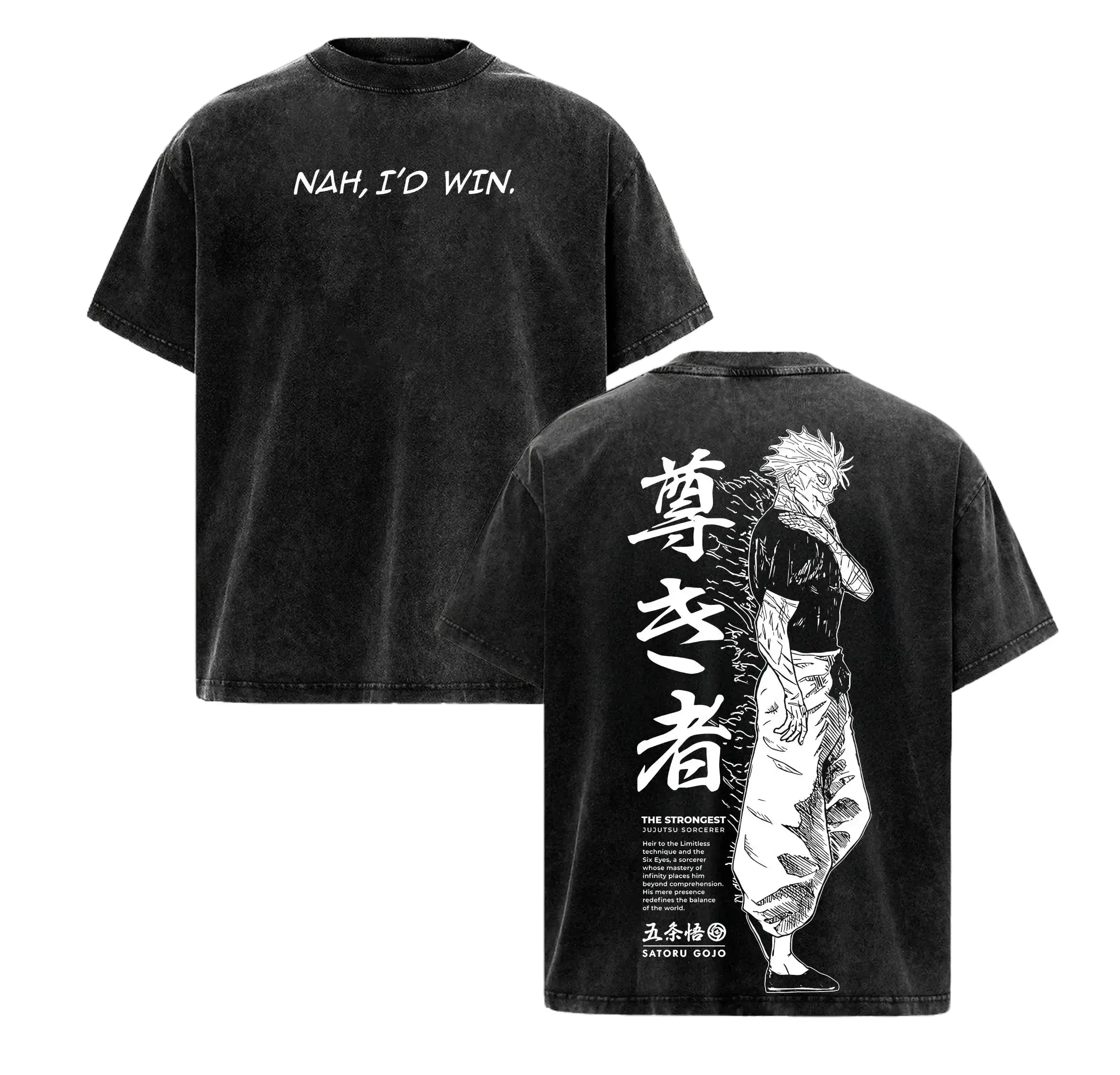Gojo Satoru Shirt | Jujutsu Kaisen Anime Tee | “Nah, I’d Win” Gojo Graphic Back | The Strongest Sorcerer Vintage Washed Oversized T-Shirt | JJK Streetwear Gift for Anime Fans，school outfit,loose fashion,gift t-shirt,good cotton graphic tees, Soft Cotton