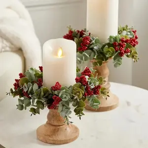 2-Pack Valerie Christmas Candle Rings - Red Berries and Eucalyptus Greenery Wreath, Non-Electric Table Decor for Holiday Parties, Mantel, Dining Table - Durable Plastic Candle Ring for Christmas, Winter, Thanksgiving, Easter, Halloween - Easy to Hang Deco