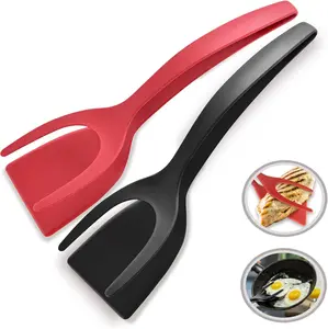 2 in 1 Flipper Spatula with Tongs Nylon Easy Grip for Hash Browns Burgers Steaks French Toast Omelets Pancakes Non-Stick Head Ergonomic Handle High Temperature Resistance