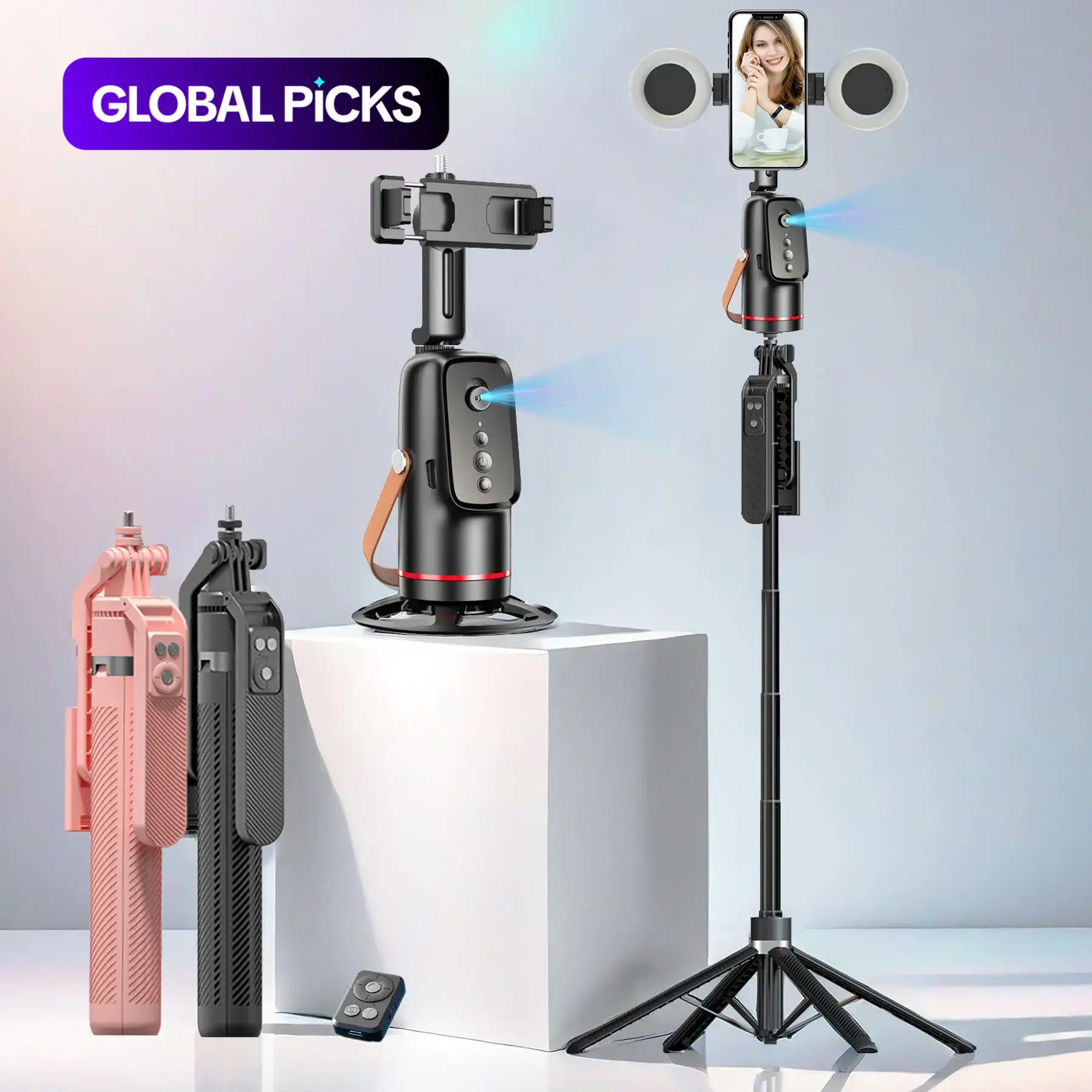 5-in-1 Smart Face-Tracking Gimbal with Tripod, Wireless Selfie Remote, Smartphone Selfie Stick, Light, Auto Rotation, Phone Stabilizer, Video Camera Accessory Kit #GLOBAL PICKS