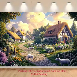 1pc Artistic Rustic Stone Cottage Landscape Backdrop Cloth Banner Ornaments - UV-Printed 2D Flat Photo Decor with Garden Bridge, Sheep Pasture, Green Rolling Hills, Warm Sunset, for Home, Festive Use