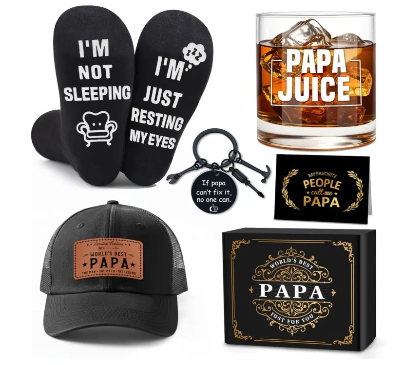 Papa Gifts from Grandkids Papa Birthday Gifts for Men Happy Birthday Gift Ideas for Best Papas from Grandson Granddaughter Grandchildren Funny Gift Set for Christmas, Fathers Day with Hat, Wine Glass