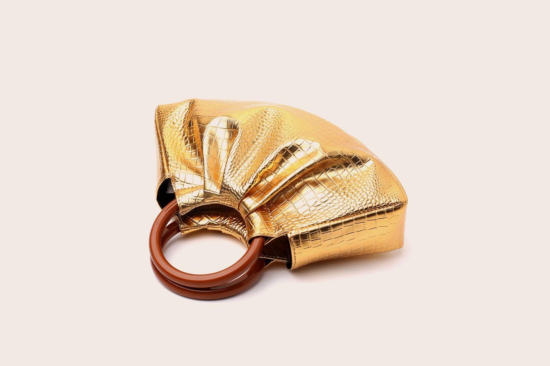 Women's Mini Ruched Evening Tote Bag, Faux Leather/Metallic Crocodile Print Handbag with Wooden/Leather Handle, Multiple Colors Shoulder Clutch