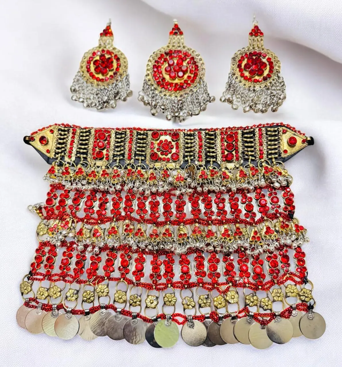 Handmade Red Afghan Kuchi Jewelry Set Traditional Boho Belt & Earrings with Intricate Beading and Coin Details for Women Rich Blue Stones Antique Gold Metal Jingling Charms