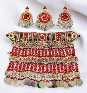 Handmade Red Afghan Kuchi Jewelry Set Traditional Boho Belt & Earrings with Intricate Beading and Coin Details for Women Rich Blue Stones Antique Gold Metal Jingling Charms