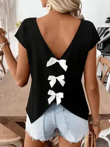 Plus Size Women's Bow Backless Casual T-Shirt, Short Sleeve V-Back Split Hem Comfortable Top, Summer Fashion