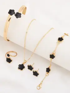 Women's 5-Piece Clover Jewelry Set, Lucky Clover Necklace Bracelet Earrings Ring Chain, Elegant Daily Wear Gift