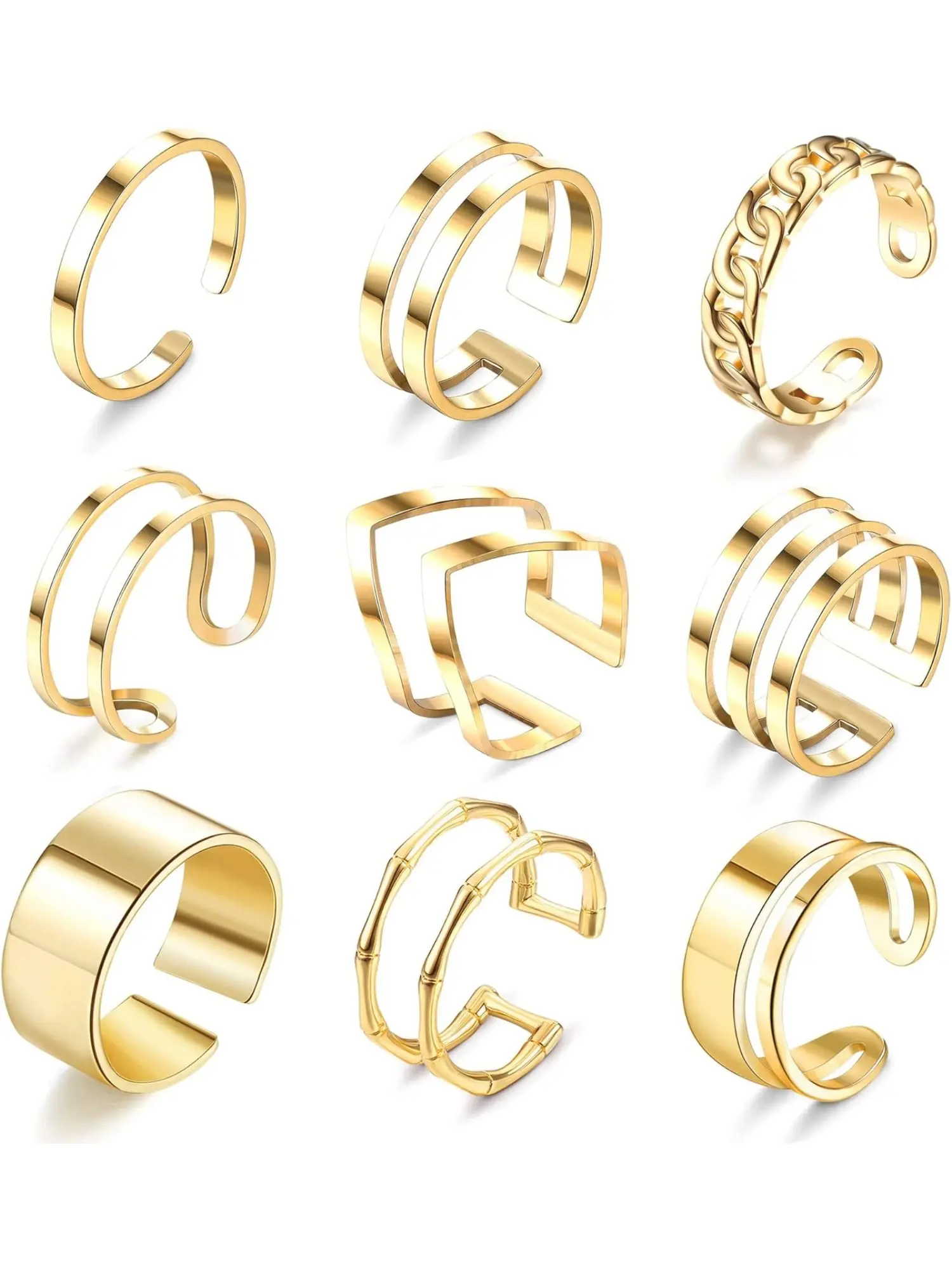 Fashionable 9 Pcs Golden Trendy Thumb Rings Stylish Exquisite Trendy Ring Stainless Steel Copper Stackable Knuckle Rings for Women Men Opening Adjustable Band Midi Rings Thumb Finger Rings Set