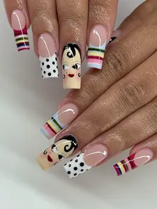 Female Alchemy Inspired Press On Nails, Retro Polka Dots | Multi Color Striped Tips, Funky Maximalist Fake Nails, Unique Custom Gel Nails