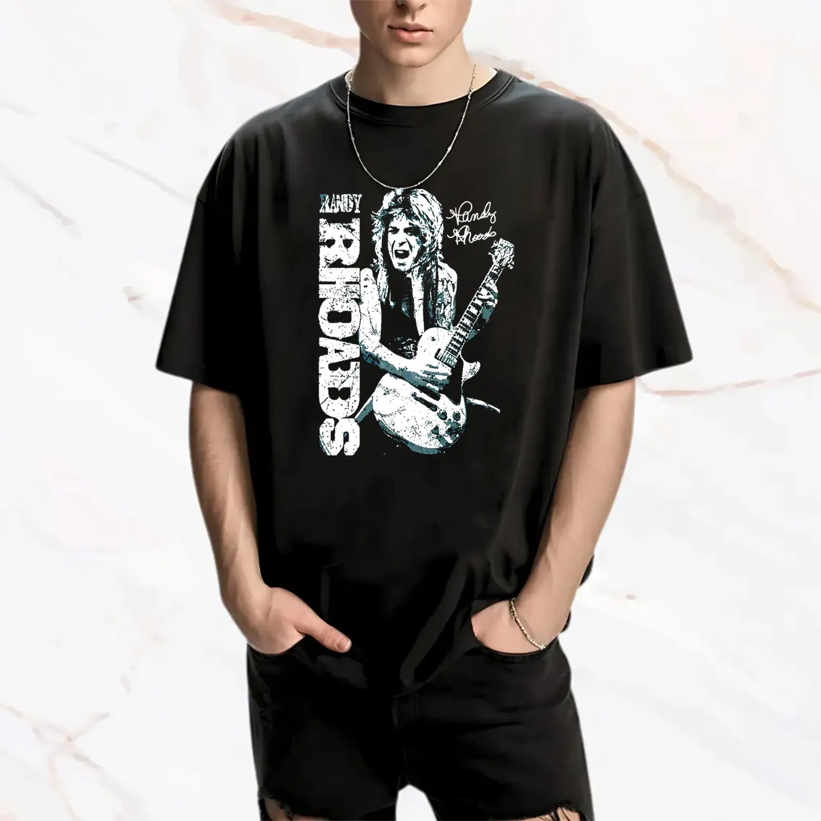 Randy Rhoads Signature Portrait Comfort Color Letter Printed Tee Ring-Spun Cotton Soft-Washed T-Shirt Trendy Tops Perfect Gift