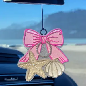 Cute Summer Beach Car Air Freshener Freshie, Coquette Pink Bow Starfish Seashell Aesthetic Car Charm, Long Lasting Scented Girly Car Accessory Gift