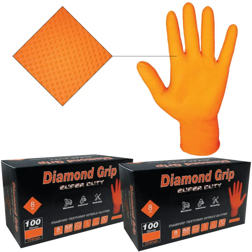 Lauco Super Duty Heavy Duty Nitrile Cleaning Gloves - 8-Mil Thick, Orange High Visibility, Chemical Resistant, Non-Slip Textured Diamond Grip, Low Sweat Design, Tear Resistant, Latex Free, Allergy-Friendly, Powder-Free, Comfortable, 200-Count Box