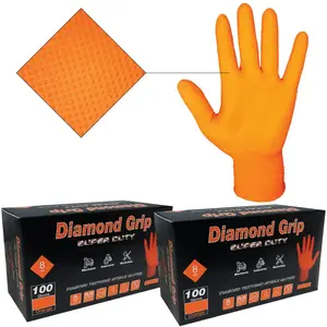 Heavy Duty 8-mil Industrial Orange Nitrile Gloves with Raised Diamond Texture - Box of 200 - Latex Free, Powder Free