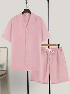 Men's 2-Piece Loungewear Set - Short Sleeve Camp Collar Shirt & Matching Drawstring Shorts, Ultra-Soft Breathable Fabric, Relaxed Fit for At-Home Lounging, Lazy Weekends & Casual Sleepwear, Pajama Set, Homewear, Menswear