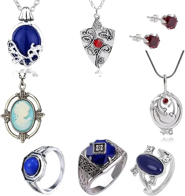 9 Piece Vintage Sapphire Crystal Jewelry Set with Blue Pendant Necklace, Ring and Earrings for Women Cosplay Costume Accessory