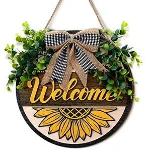 3D Sunflower Wreaths for Front Door 12 Inch Sunflower Welcome Sign Farmhouse Door Wreath Outdoor Rustic Wall Decor with Buffalo Bow Round Wood Welcome Sign for Home Garden Restaurant Shop