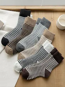 Women's Thickened Striped Socks Set, Casual Home Tube Socks for Fall & Winter, Versatile Daily Wear Footwear Accessories