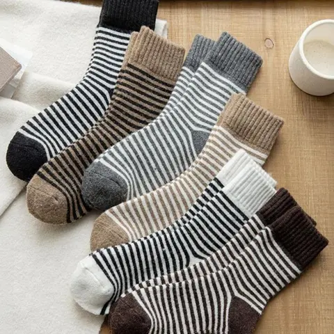 Women's Thickened Striped Socks Set, Casual Home Tube Socks for Fall & Winter, Versatile Daily Wear Footwear Accessories, Knitted Socks