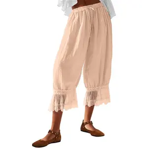 Carpi Ballon Pants for Women Ruffle Bloomers Lace Trim Y2k Pantaloons Mid Rise Cropped Pants Vintage Casual