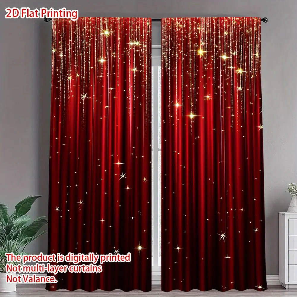 2-Piece set, crimson curtain panels, Window drapes - translucent window decoration with a golden sheen effect, for living rooms, bedrooms, modern home decoration, landscape-themed design, Interior Decoration Accessories