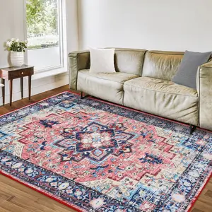 Area Rugs, Washable Vintage Rug, Non-Slip Low Pile Throw Soft Rugs with Rubber Backing, Area Rug Rugs for Living Room,Vintage Rugs Medallion Carpet for Bedroom Dining Room Kitchen