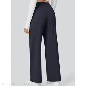Women's High Elastic Waist Straight Leg Pants - Summer Casual & Business Work Trousers with Side Pockets, Loose Fit, Solid Womenswear