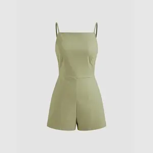 Cider [size 2-10] Linen Cotton Square Neck Solid Shirred Knotted Pocket Romper