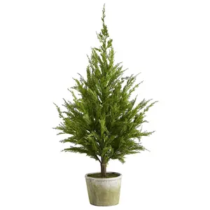 Traditional 3.5ft Synthetic Artificial Cedar Tree with Ornaments, Natural-Look Decorative Home Decor Planter (Home Supplies, Decorative Plants)