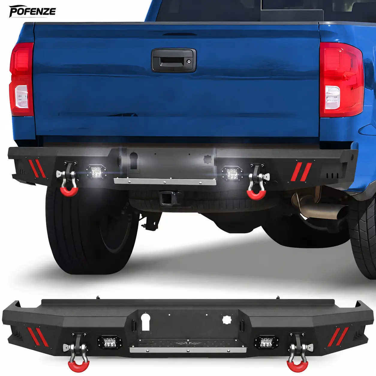 POFENZE-Mestan Rear Bumper for 2014-2018 Chevy Silverado/GMC Sierra 1500 Pickup Trucks, Silverado 1500 Accessories, Textured Black Bumper with Parking Sensors, Step Plate, Lights, D-Ring Mounts