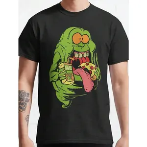 Ghostbusters Cotton Crew Neck T-Shirt With Playful Slime And Pizza Patterns - Men'S Black Casual Short Sleeve T-Shirt, Regular Version, Machine Washable, Size S-3XL, Pop Culture Apparel|   Nostalgic Apparel|   Durable Print